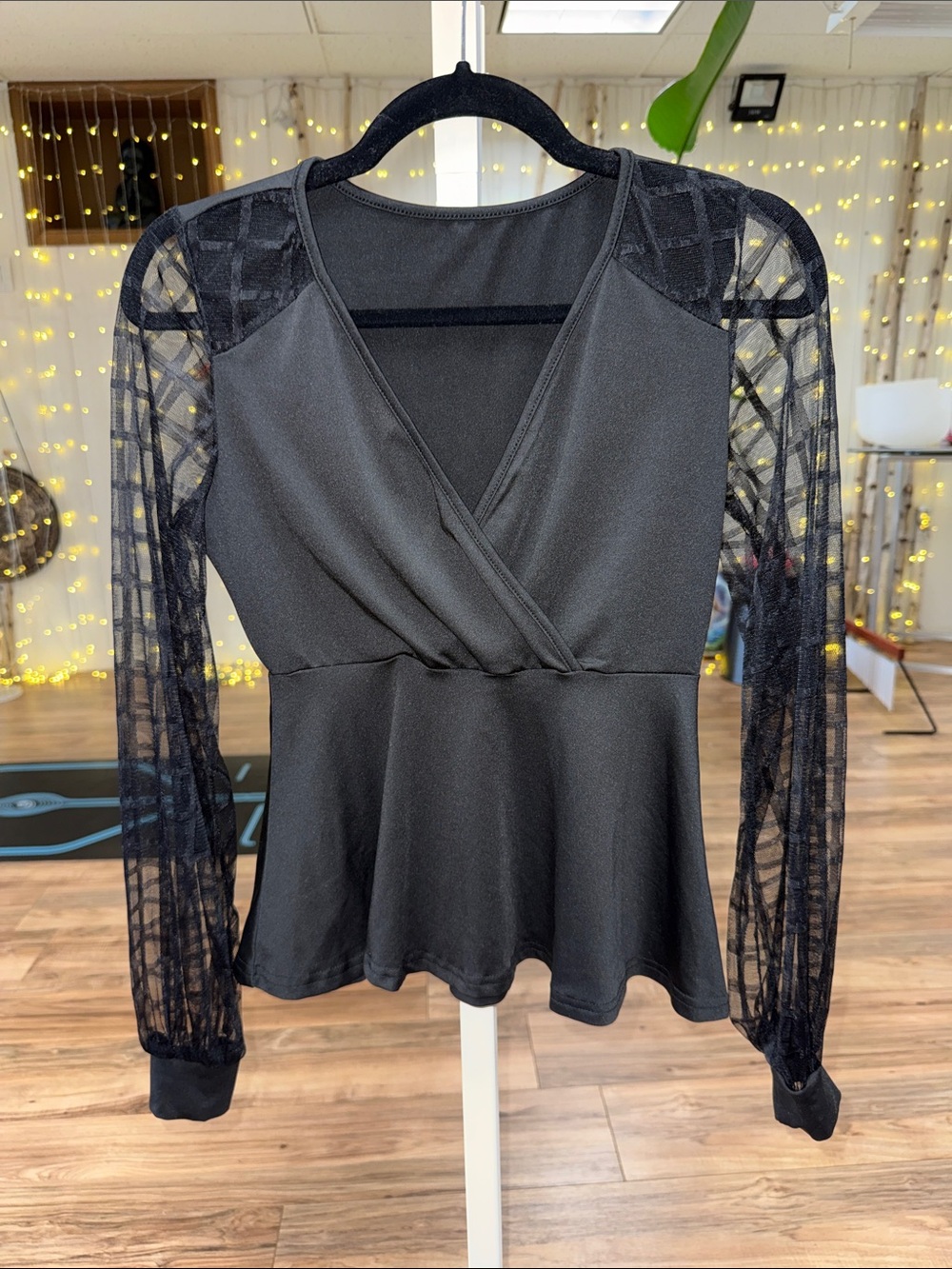 Shein Black Long-Sleeve Mesh Sleeve Surplice Peplum Top